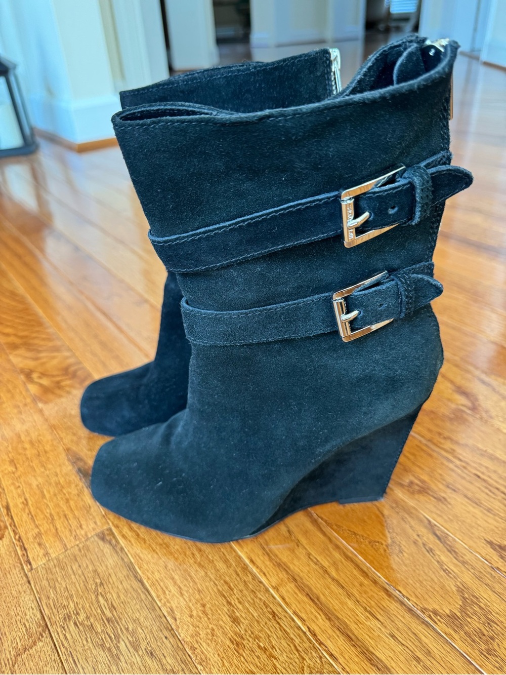 Michael Kors Black Suede Wedge Ankle Boots with Buckle Detail